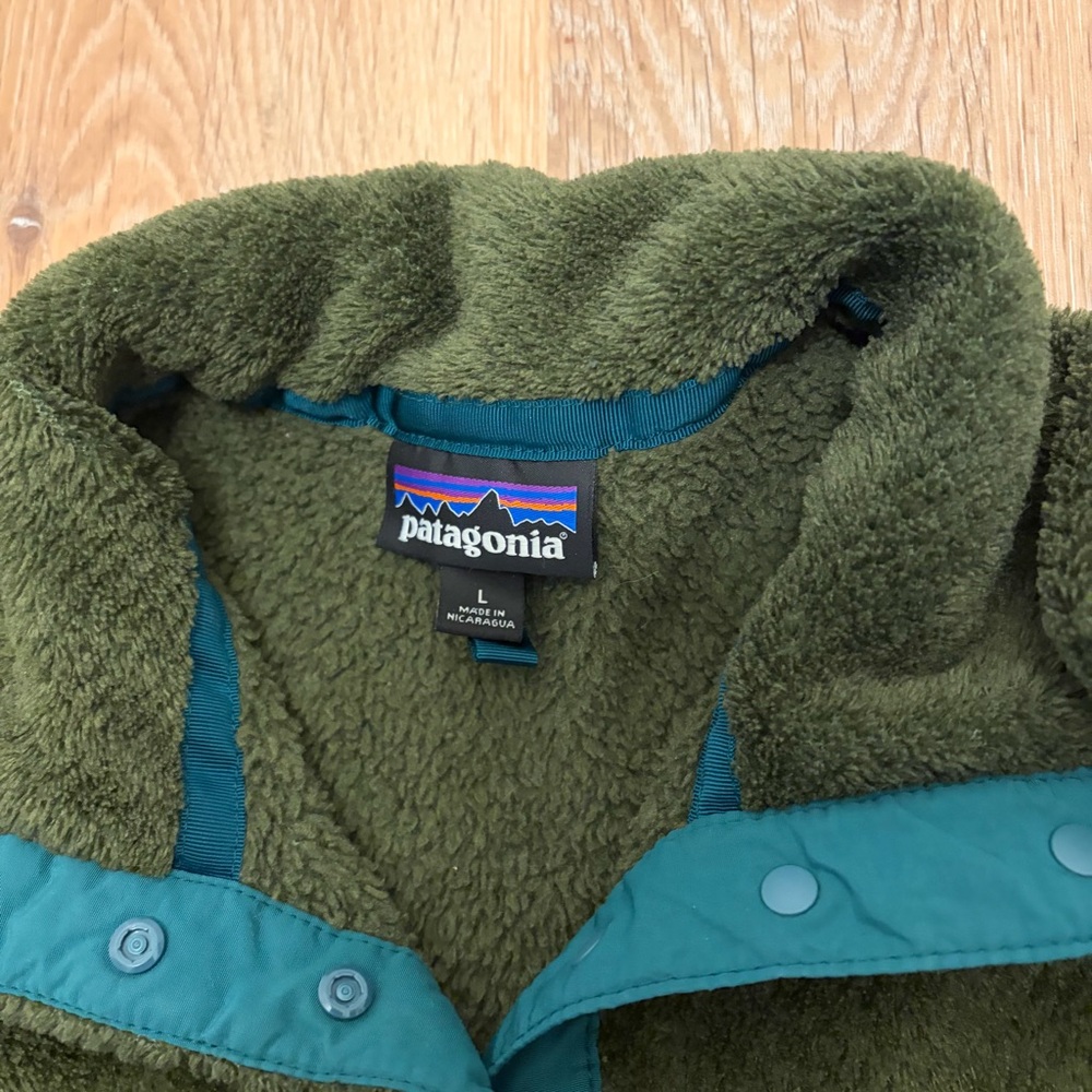 Patagonia T-Snap Pullover Fleece Jacket Large Forest Green Teal Trim Comfy Soft - Picture 5 of 7